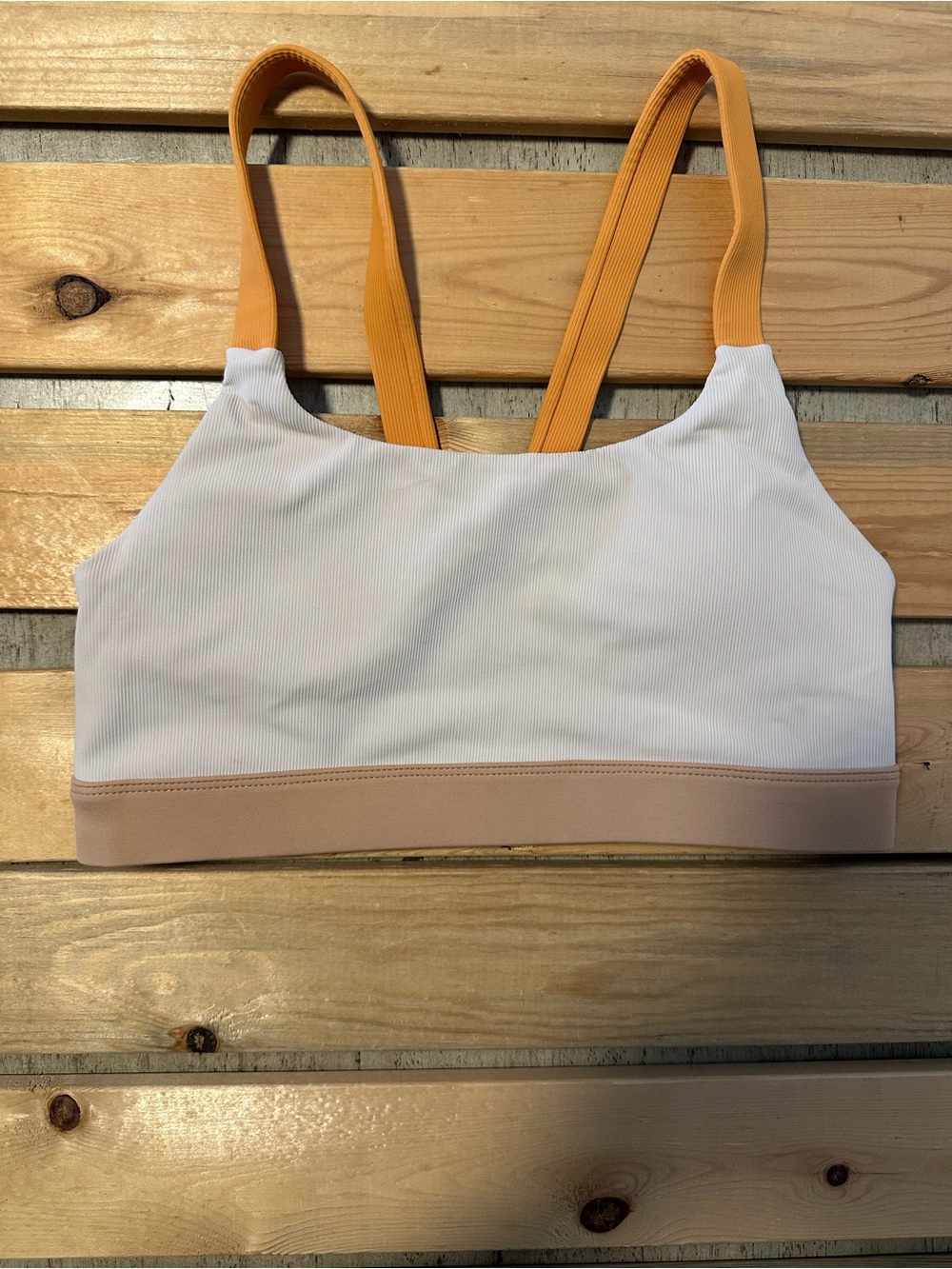 Allfenix ribbed Rise V-Back Yoga Sports Bra taupe & mustard yellow size large